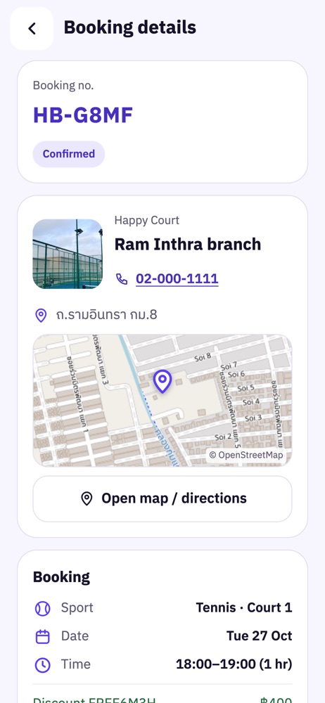 Booking details screen with the booking number, venue photo, phone number, address and map