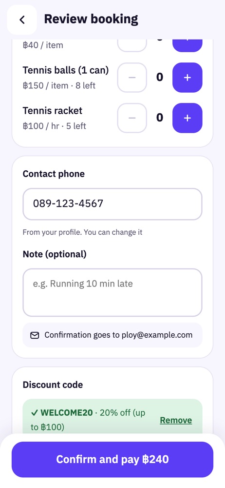 Review booking screen: enter a code and see the discount in the total