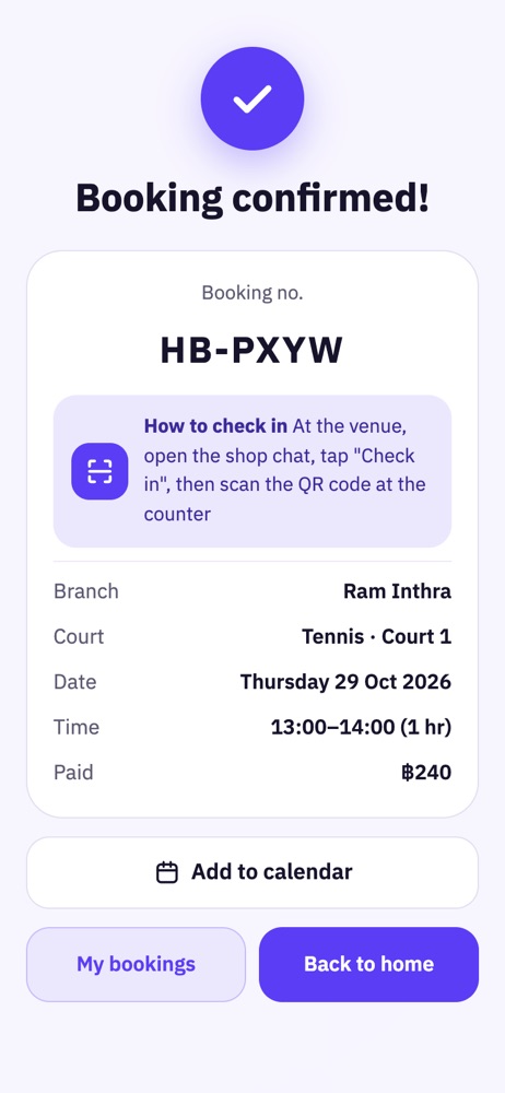 Booking confirmed screen with a booking code in the LINE app