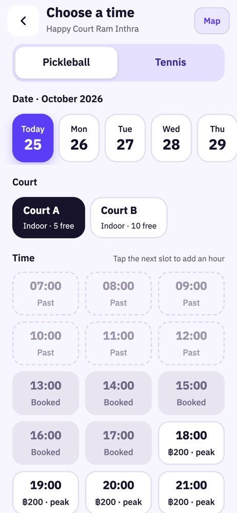 Choose a date, court and time, with prices